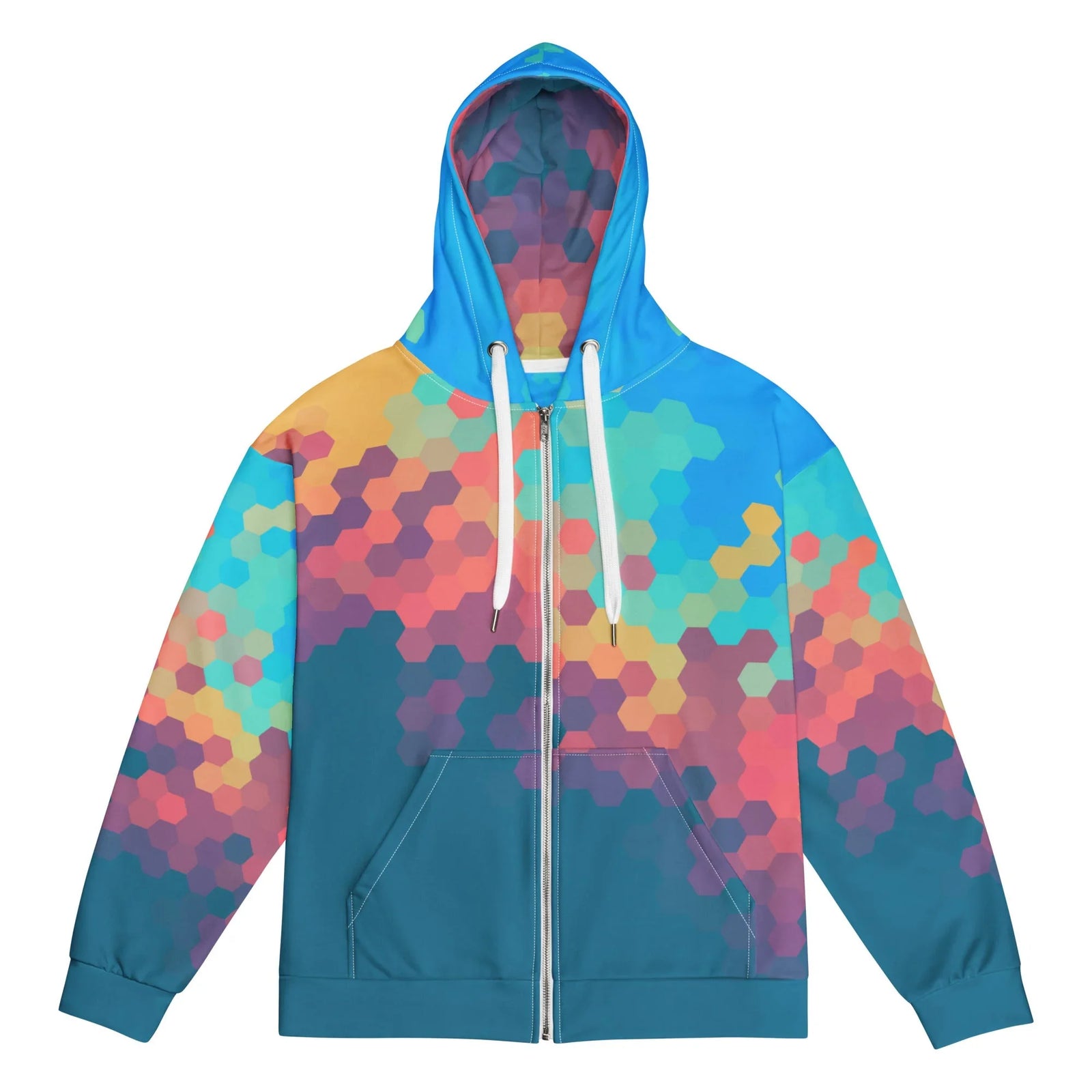 Day Break Zip Hoodie - The interlocking hexagonal grid transitioning from petrol teal (#184E68) to cerulean (#29A6E0), mimicking a digital rendering of a horizon line.