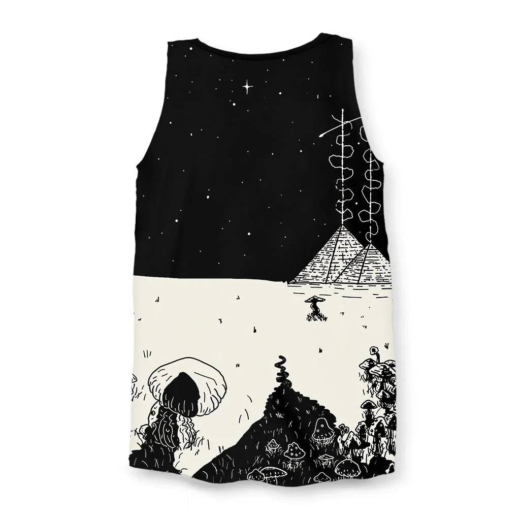 Death is Cool Men's Tank - The juxtaposition of the hooded skeletal figure smoking a pipe against the colossal spotted mushroom cap, rendered in high-contrast stippling, set against a celestial duality background with star-speckled black (#000000) on one side and a gradient from pale buttermilk yellow (#FEFACD) to glacial blue (#E0FFFF) on the other