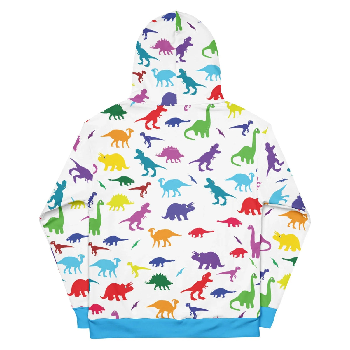 Dino Print Hoodie - The stark white polyester base (#FFFFFF) clashed against the hyper-vivid cyan blue (#00BFFF) trim, mimicking the specific visual language of vintage children's pajamas or 1990s scholastic book fair merchandise.