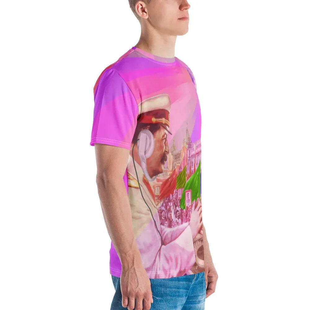 Disco Stalin T-Shirt in Soviet Synthwave Magenta. OEKO-TEX® 100, REACH Compliant, Zero-Wastewater Printing.