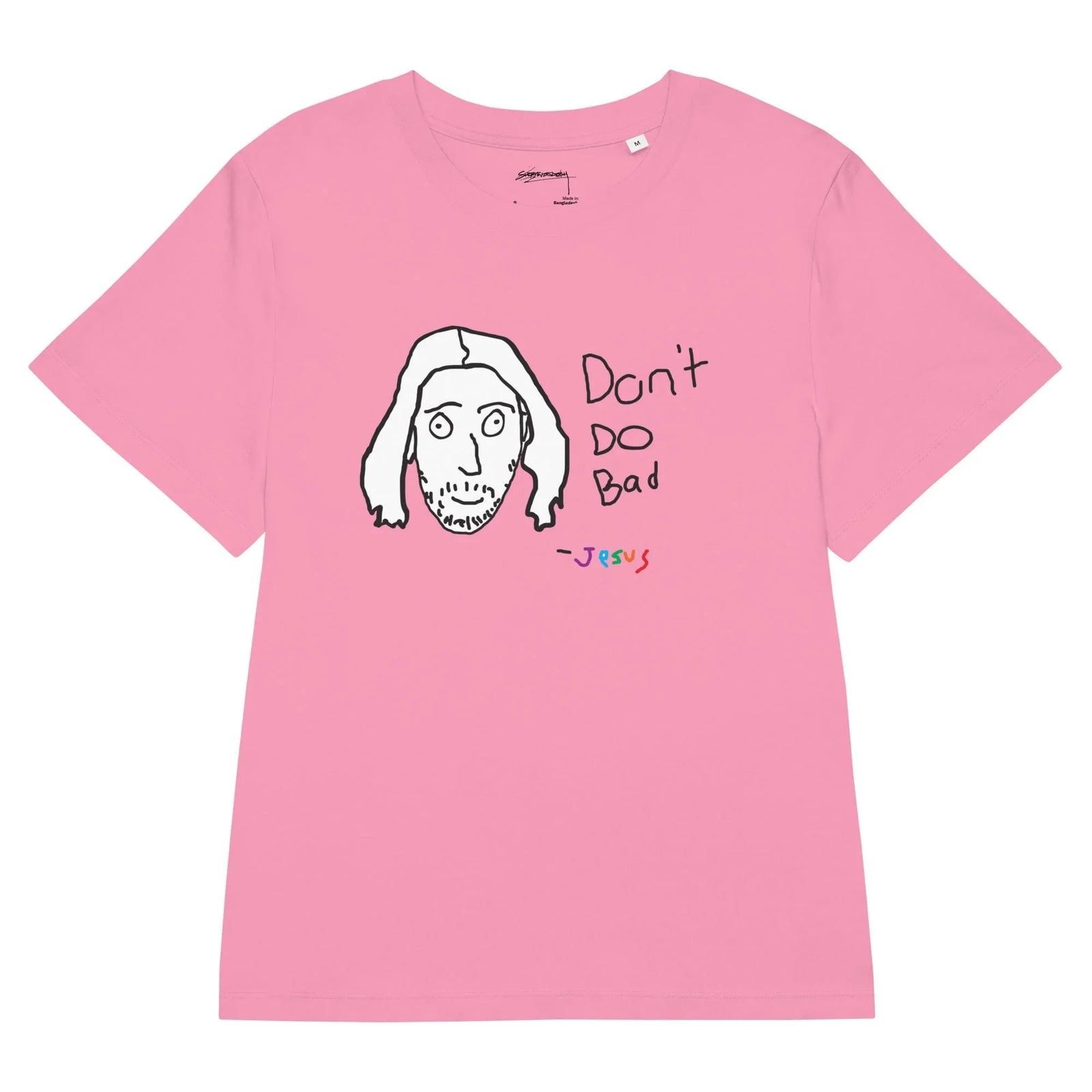 Don't Do Bad Women's Tee - The deliberately crude, carbon black (#1A1A1A) staring eyes juxtaposed against the erratic, multi-colored attribution in electric violet (#9400D3), cyan blue (#00FFFF), and bright red (#FF0000).