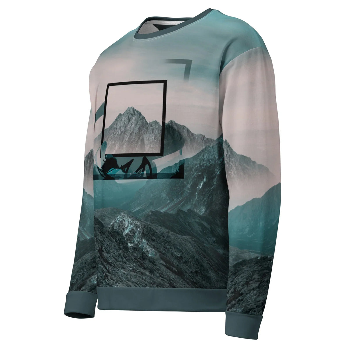 Everest Sweatshirt - The floating black square "viewfinder" outline overlaying the summit, juxtaposed against the motion-blurred "ghost" frames in the atmospheric teal (#4A787B) sky, with a hazy dusty rose (#CDB4B6) horizon and deep shadowed slate (#2A3D42) mountain terrain