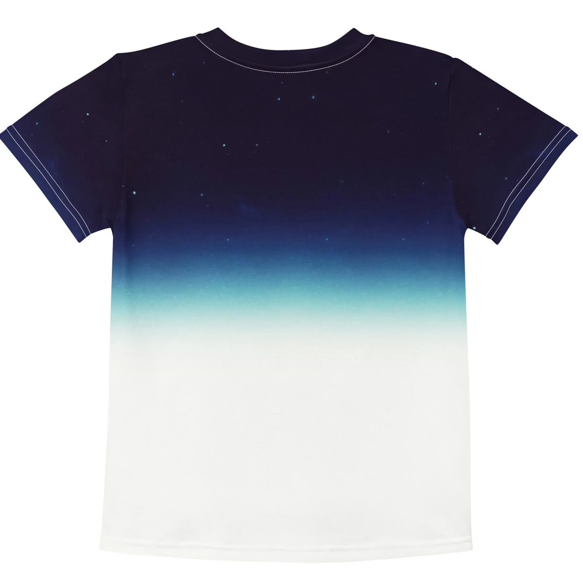 Falling Astronaut Kid's Tee - The dramatic dissolve from deep indigo (#151530) into cyan mist (#5B9BB5) and stark lunar white (#FFFFFF), isolating the reflective black visor of the solitary cosmic drifter.