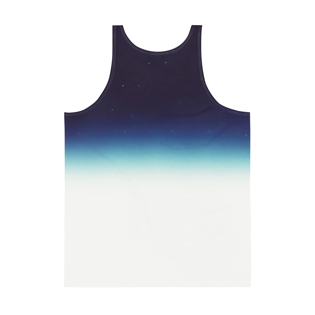 Falling Astronaut Men's Tank - The "Blue Marble" vertical gradient shift from midnight indigo (#1A1626) to stratospheric azure (#2E6F9E) to blinding cloud white (#FFFFFF), centered around the obsidian-black (#000000) reflective visor.