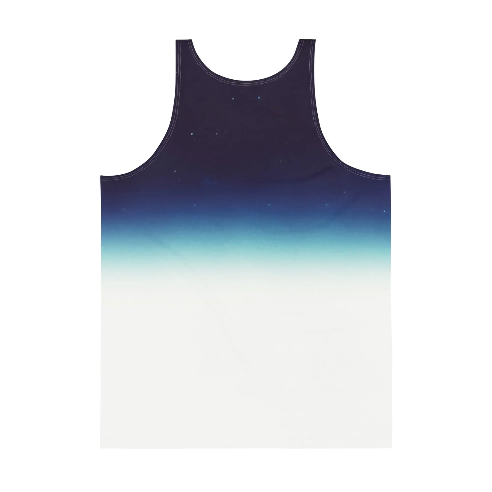 Falling Astronaut Men's Tank - The "Blue Marble" vertical gradient shift from midnight indigo (#1A1626) to stratospheric azure (#2E6F9E) to blinding cloud white (#FFFFFF), centered around the obsidian-black (#000000) reflective visor.