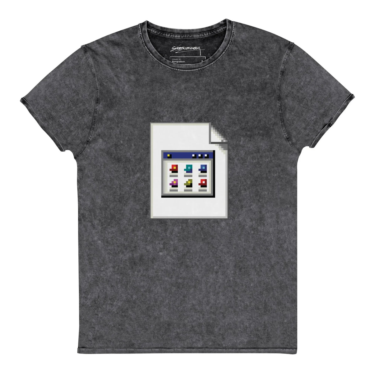 File Not Found T-Shirt - The jagged, pixel-art "broken file" icon housing the midnight blue #191970 title bar against the frosted white #F0F8FF clouds on faded denim blue #6CA0DC mineral wash