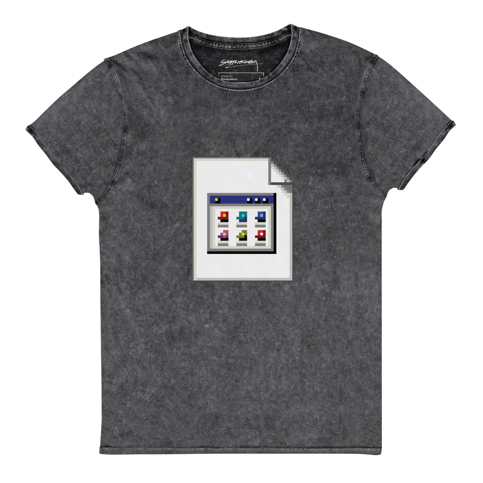 File Not Found T-Shirt - The jagged, pixel-art "broken file" icon housing the midnight blue #191970 title bar against the frosted white #F0F8FF clouds on faded denim blue #6CA0DC mineral wash