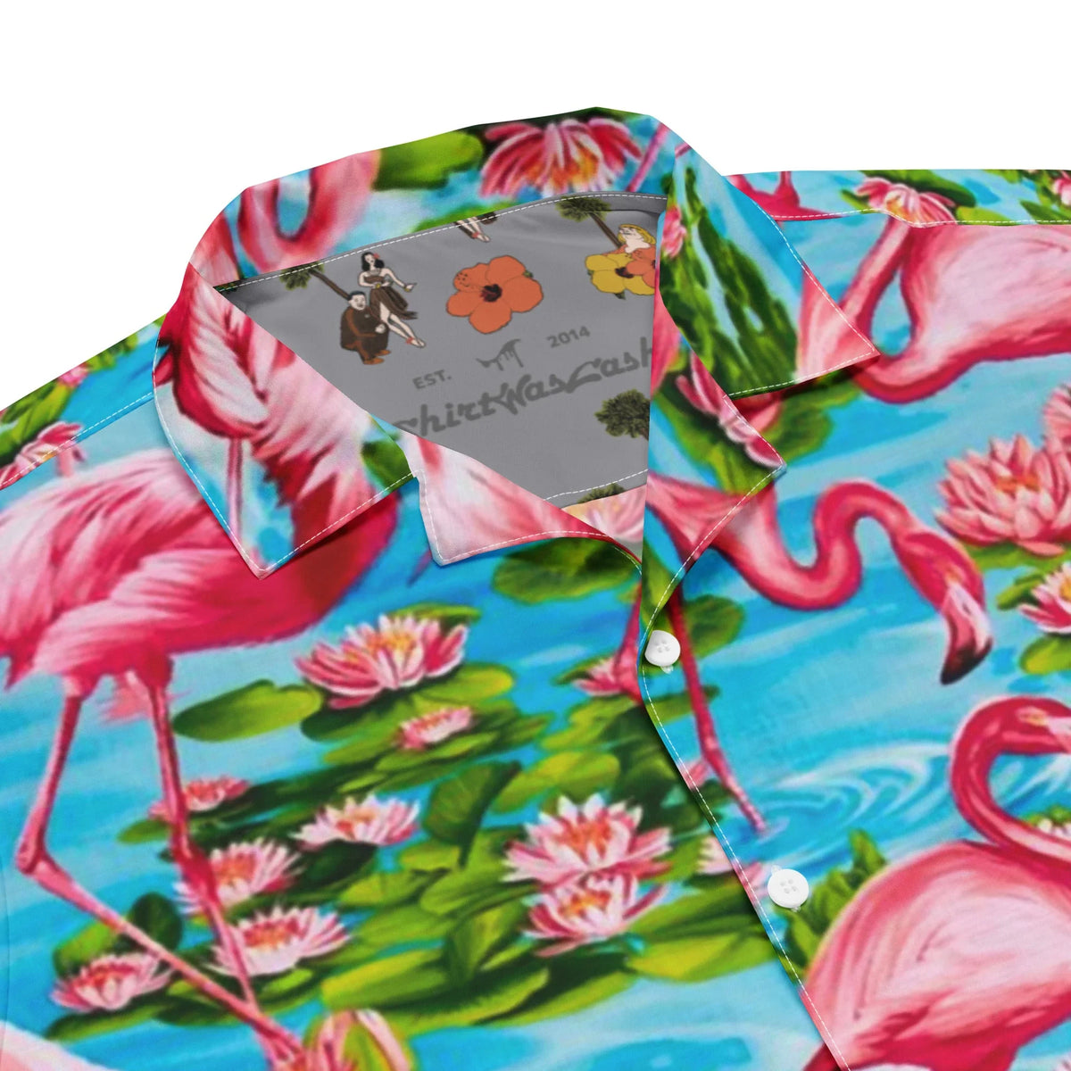 Flamingo Paradise Hawaiian Shirt in Vibrant Lagoon & Coral Palette. OEKO-TEX® 100, REACH Compliant, Zero-Wastewater Printing.