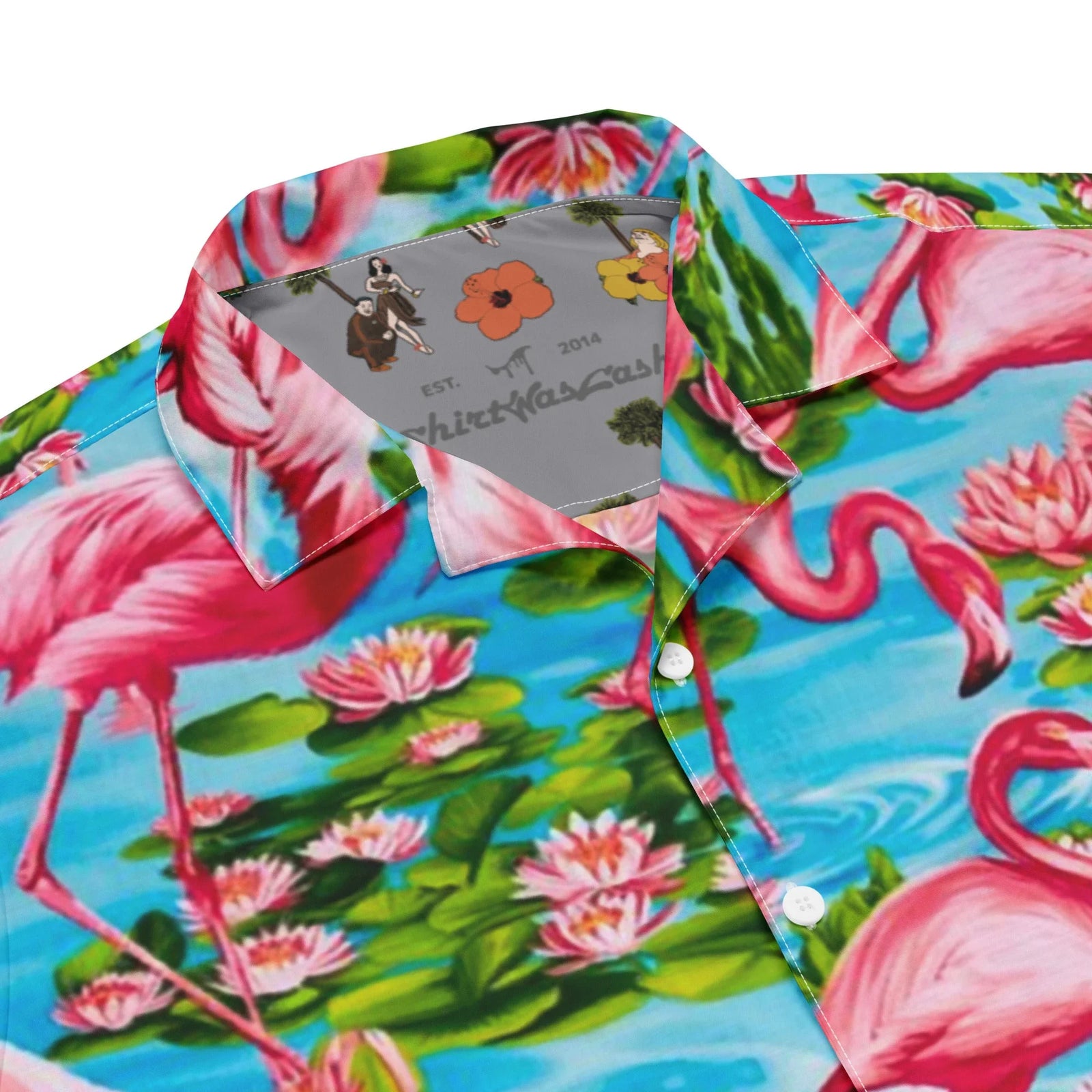 Flamingo Paradise Hawaiian Shirt in Vibrant Lagoon & Coral Palette. OEKO-TEX® 100, REACH Compliant, Zero-Wastewater Printing.