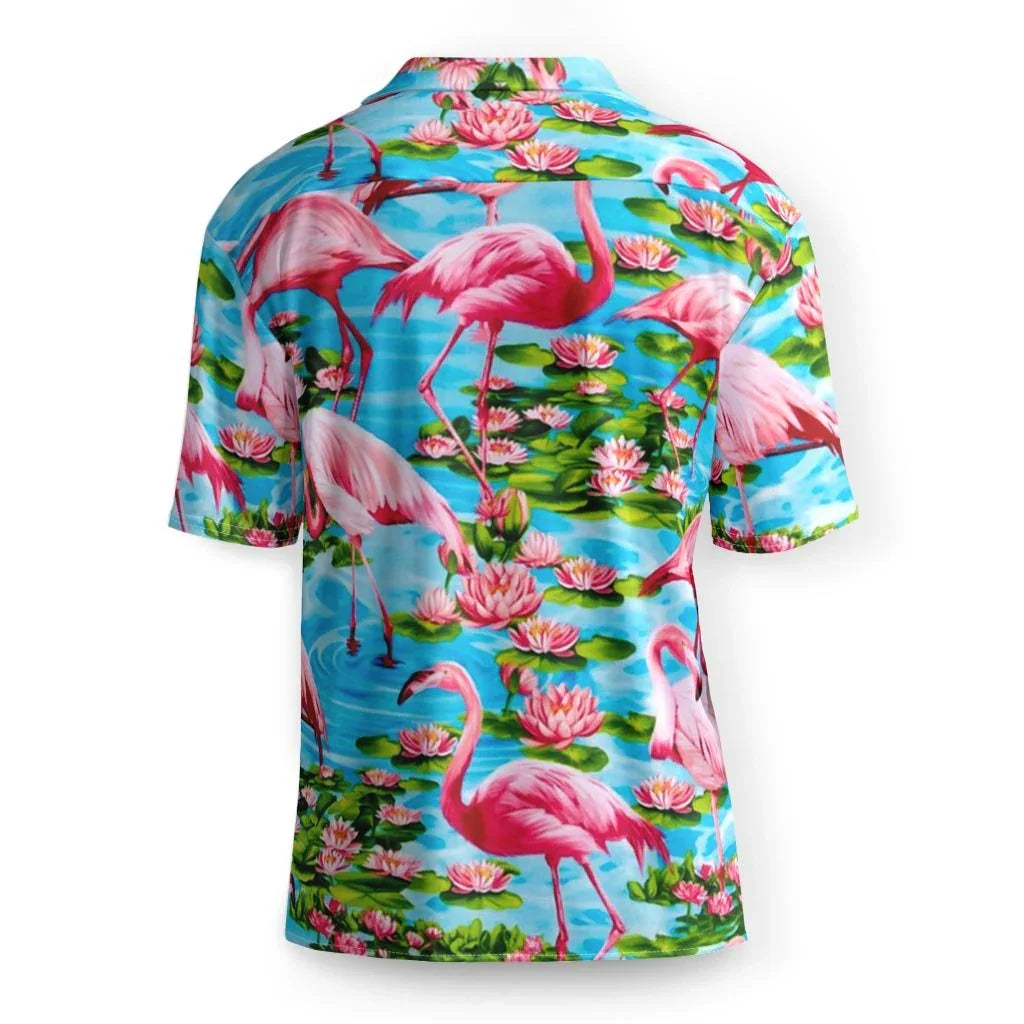 Flamingo Paradise Hawaiian Shirt - The high-saturation contrast between the S-curved necks of the **vibrant coral pink (#FF6B81)** wading birds against the digital ripple effects of the **tropical lagoon blue (#29ABE2)** background
