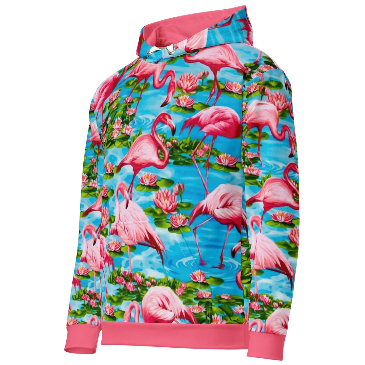 Flamingo Paradise Hoodie in Tropical Coral Lagoon. OEKO-TEX® 100, REACH Compliant, GRS Certified.