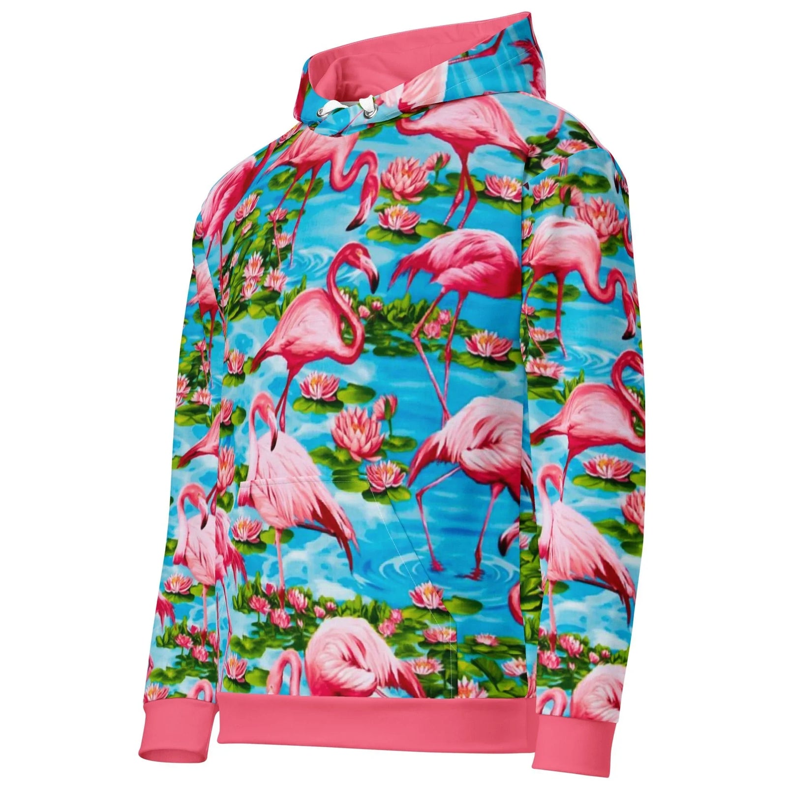 Flamingo Paradise Hoodie in Tropical Coral Lagoon. OEKO-TEX® 100, REACH Compliant, GRS Certified.