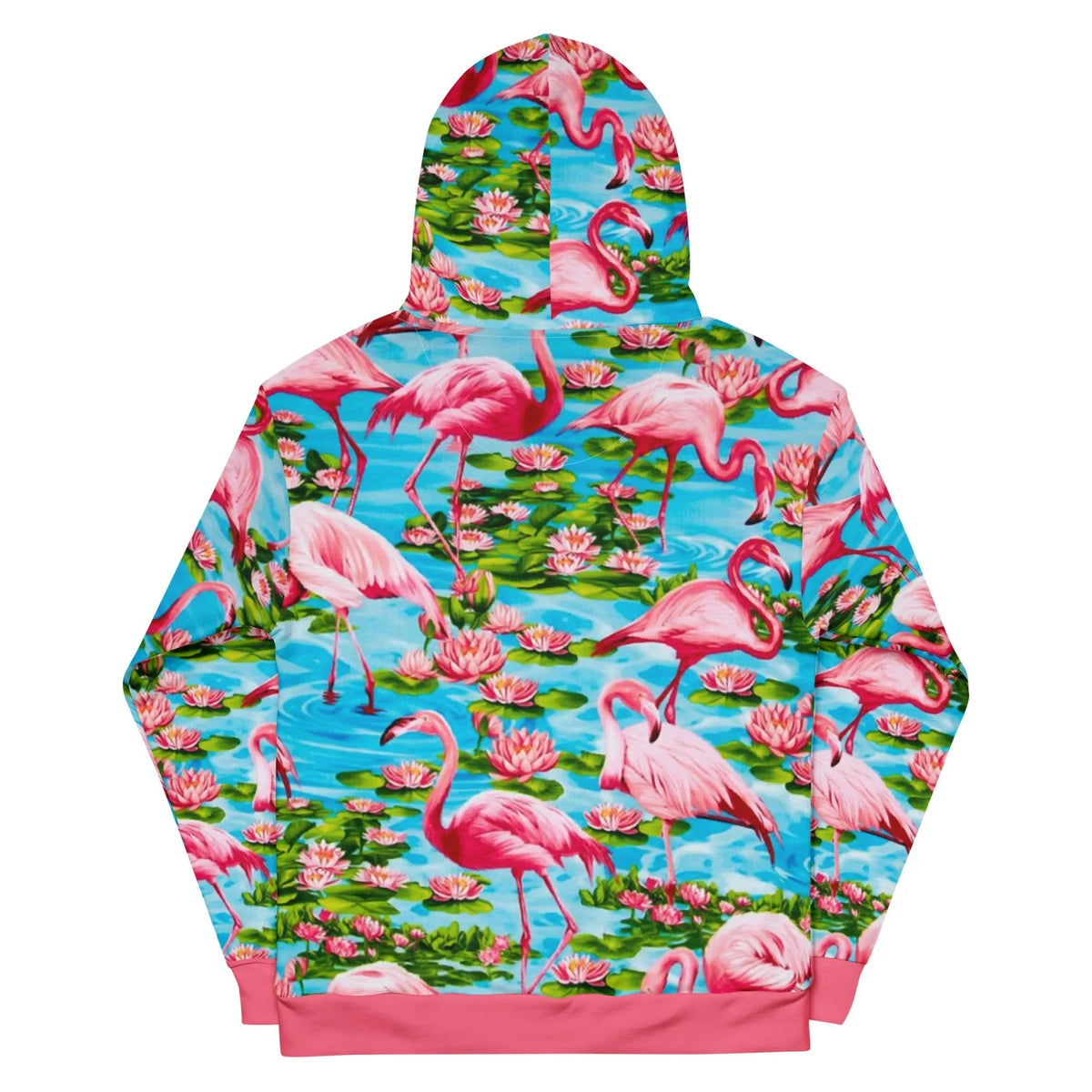 Flamingo Paradise Hoodie - The jarring saturation contrast between the **vibrant cyan blue (#00BFFF)** water ripples and the solid **vivid raspberry pink (#E30B5C)** cuffs that frame the chaotic flock.