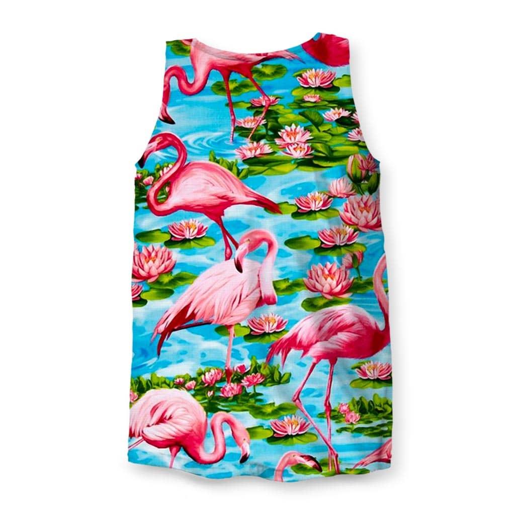 Flamingo Paradise Men's Tank - The jarring vibrancy of electric hot pink (#FF69B4) feathers set against the deep cerulean and turquoise (#00CED1) simulated water ripples, with deep coral (#FF7F50) accents and jungle green (#2E8B57) vegetation adding chaotic depth.