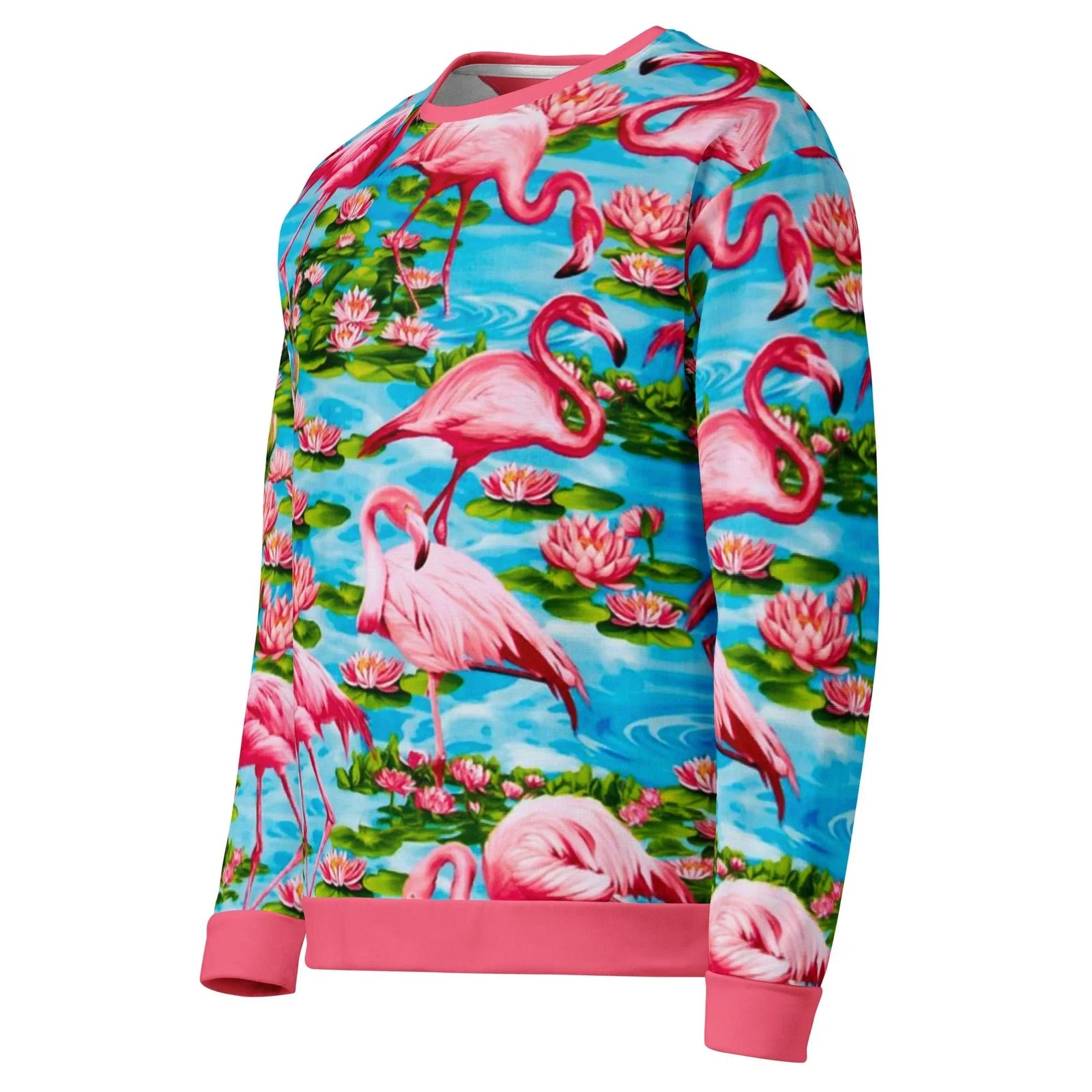 Flamingo Paradise Sweatshirt in Electric Tropical Lagoon. OEKO-TEX® 100, REACH Compliant, GRS Certified.