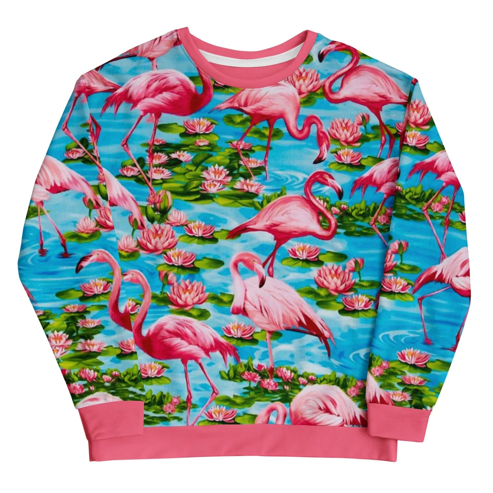 A lush tropical wetland scene unfolds across a vivid Electric Cyan background, simulating a chaotic sunlit lagoon. Contact us with accessibility feedback, we'd love to help!