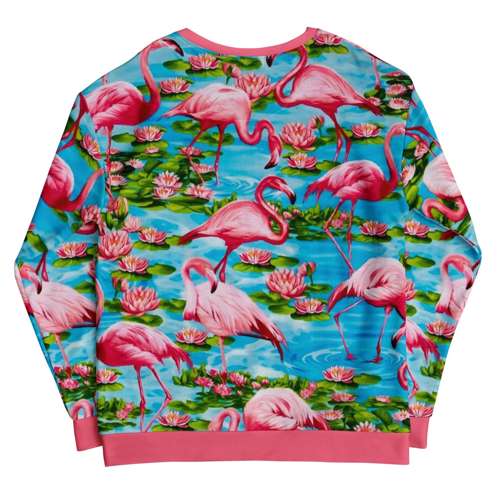 Flamingo Paradise Sweatshirt - The seamless saturation of the Electric Cyan (#00BFFF) aquatic background clashing against the solid, garment-framing Watermelon Pink (#FF7F9F) ribbing.