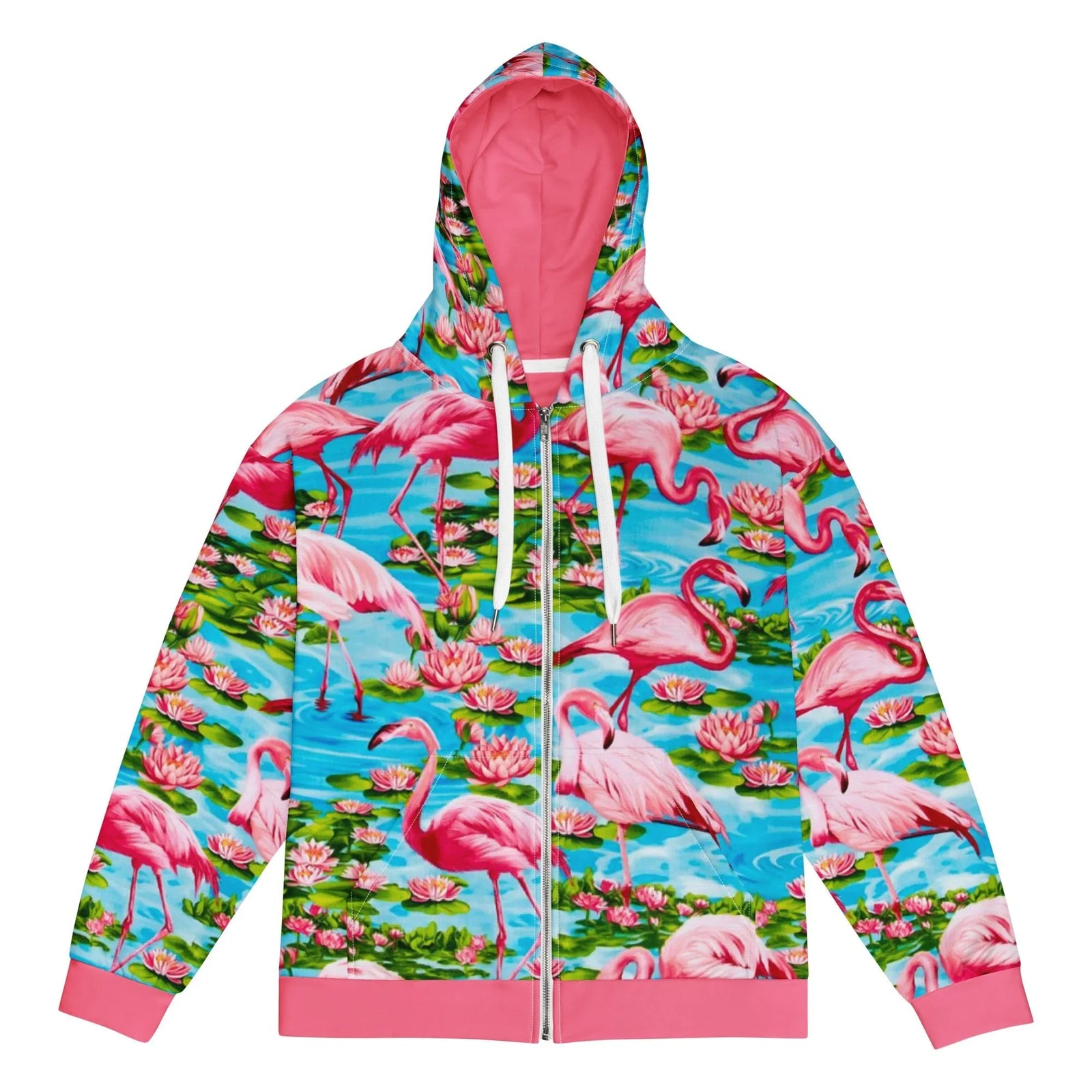 This high-energy tropical scene depicts a dense flock of stylized wading birds defined by S-curved necks and intense salmon or hot pink plumage. Contact us with accessibility feedback, we'd love to help!