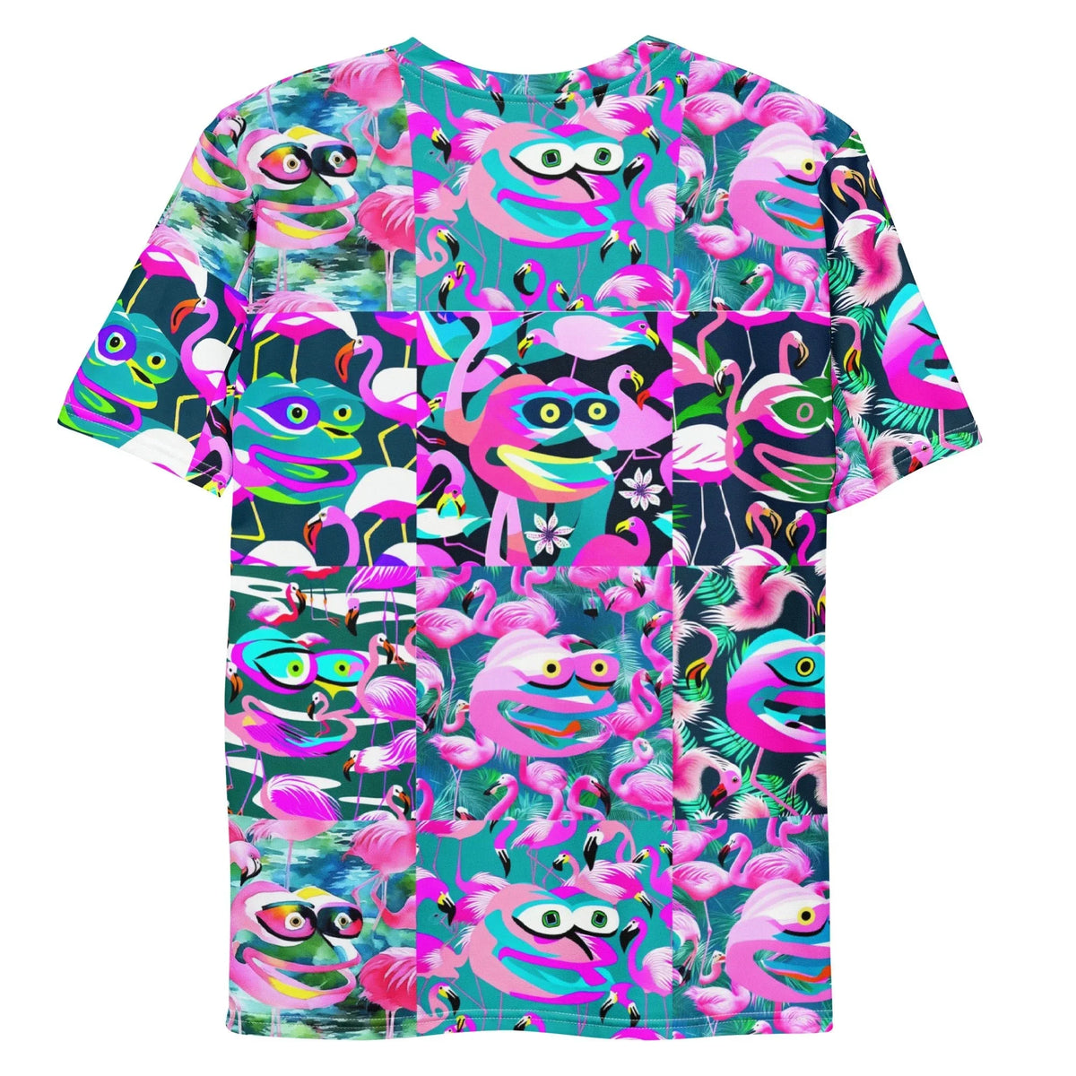 Flamingo Pepe T-Shirt - The distorted, "Feels Good Man" amphibian visage rendered in electric magenta (#FF00FF), juxtaposed against glitch-art palm fronds in luminous cyan (#00FFFF) and deep midnight navy (#191970).