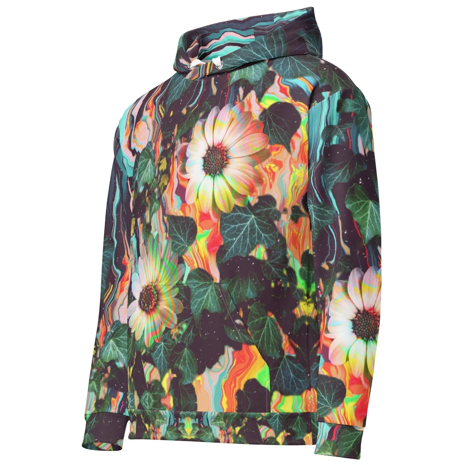 Floral Glitch Hoodie - The high-contrast chromatic aberration effect on the ghost white daisies (#F0F8FF) mimicking a misalignment of RGB channels, amplified by deep forest shadow ivy (#2F4F4F), glitch cyan swirls (#00CED1), and molten orange streaks (#FF4500)