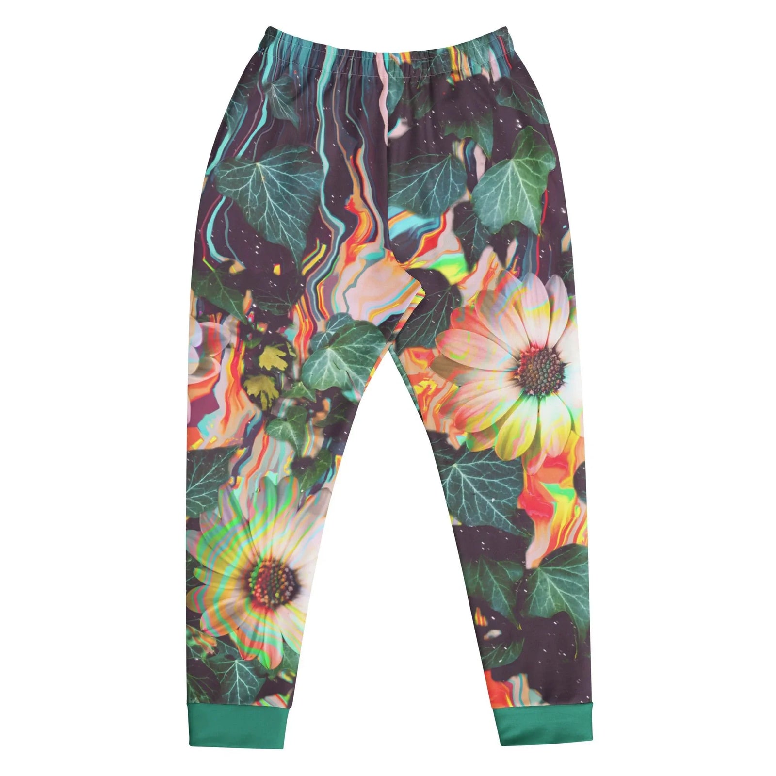 Floral Glitch Joggers - The pixel-drag effect where "Molten Lava Orange (#FF4F00)" smears into "Psychedelic Violet Depths (#592976)" and "Electric Cyan Currents (#00E5EE)", evoking a crashed GPU or datamoshed video artifact.