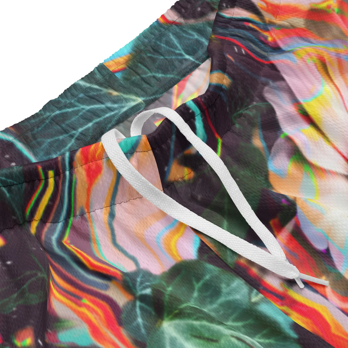 Floral Glitch Men's Gym Shorts - The severe chromatic aberration splitting the sunflower petals into vibrating layers of Electric Cyan (#00FFFF) and Magma Orange (#FF4500) against a deep charcoal void background (#1C1C1C).