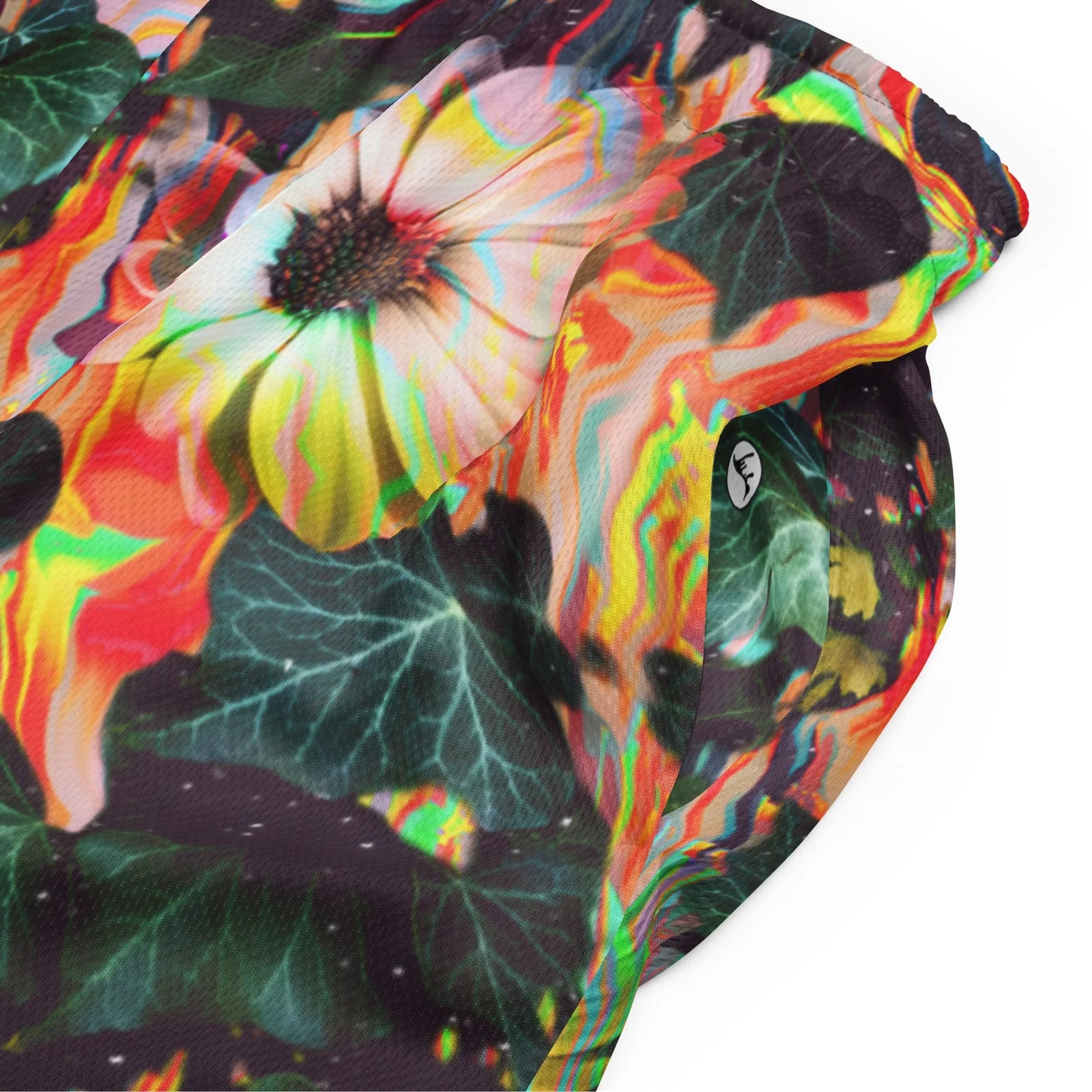 Floral Glitch Men's Gym Shorts in Digital Overdrive Botanical. OEKO-TEX® 100, REACH Compliant, Zero-Wastewater Printing.