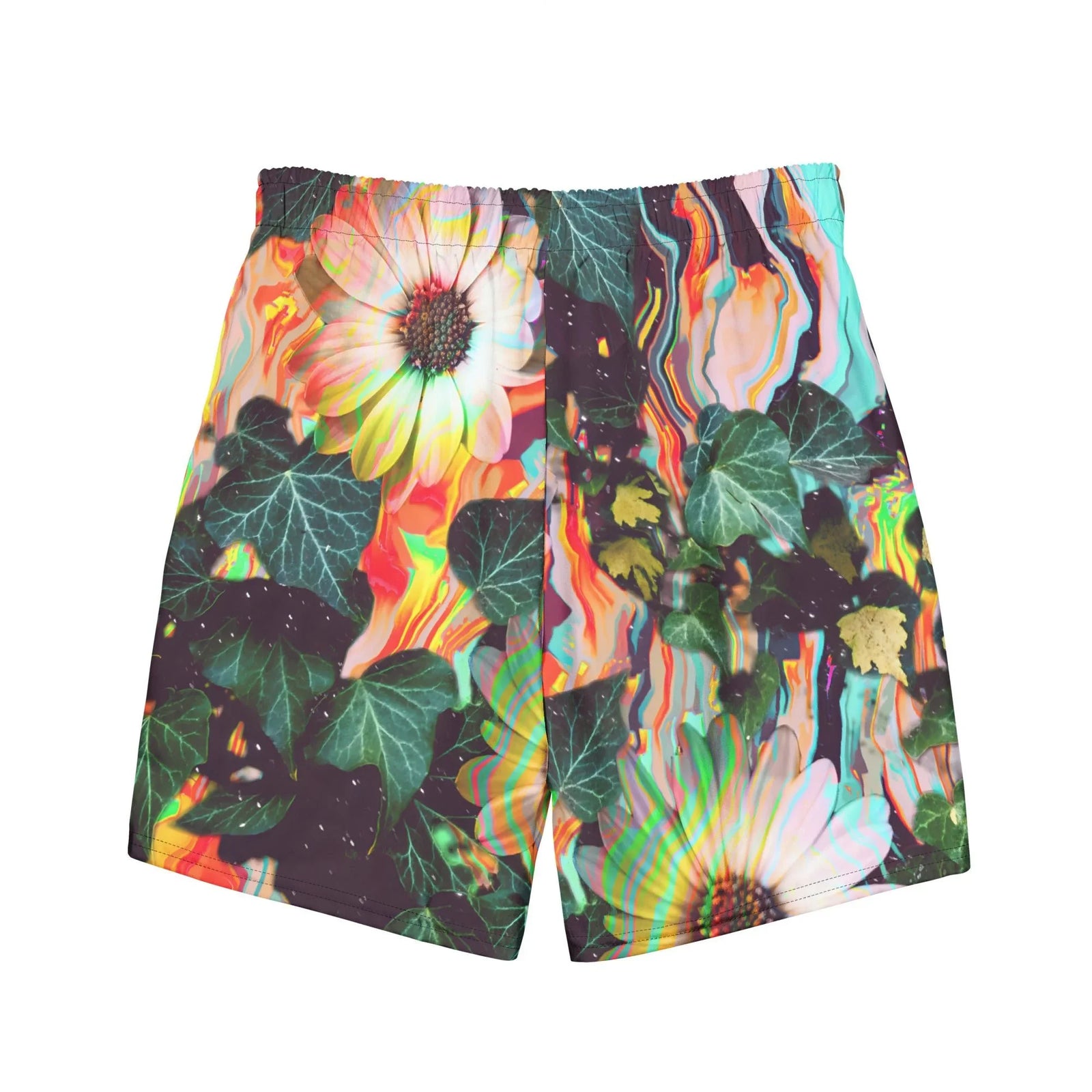Floral Glitch Men's Swim Shorts - The distinct "pixel bleed" effect where oversized white daisies liquefy into electric cyan (#00FFFF), magma orange (#FF4500), and acid lime green (#32CD32) streaks, mimicking a frozen video codec error