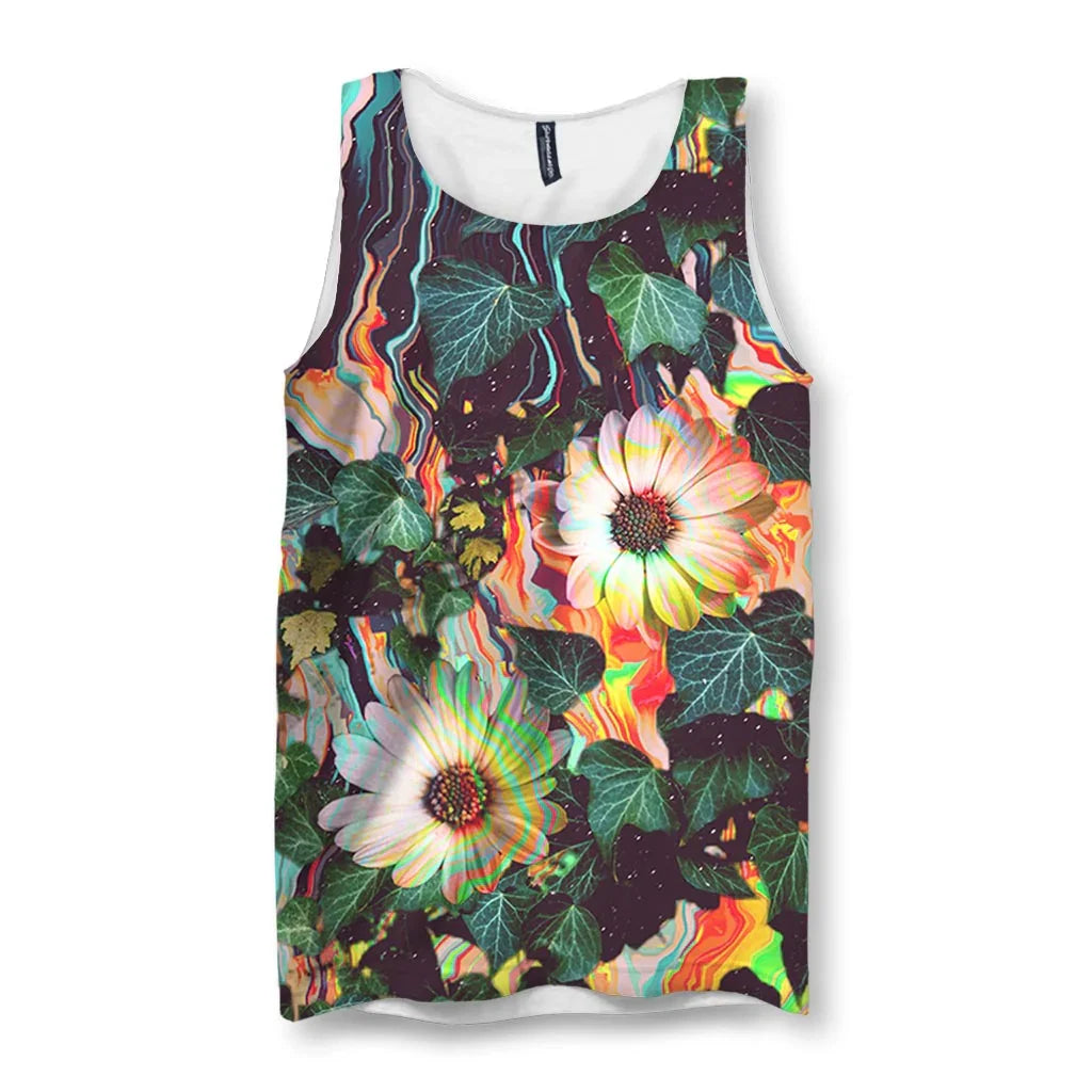 This surreal design fuses photorealistic white osteospermum blooms and foliage green English ivy with intense digital decay on a deep void aubergine backdrop. Contact us with accessibility feedback, we'd love to help!