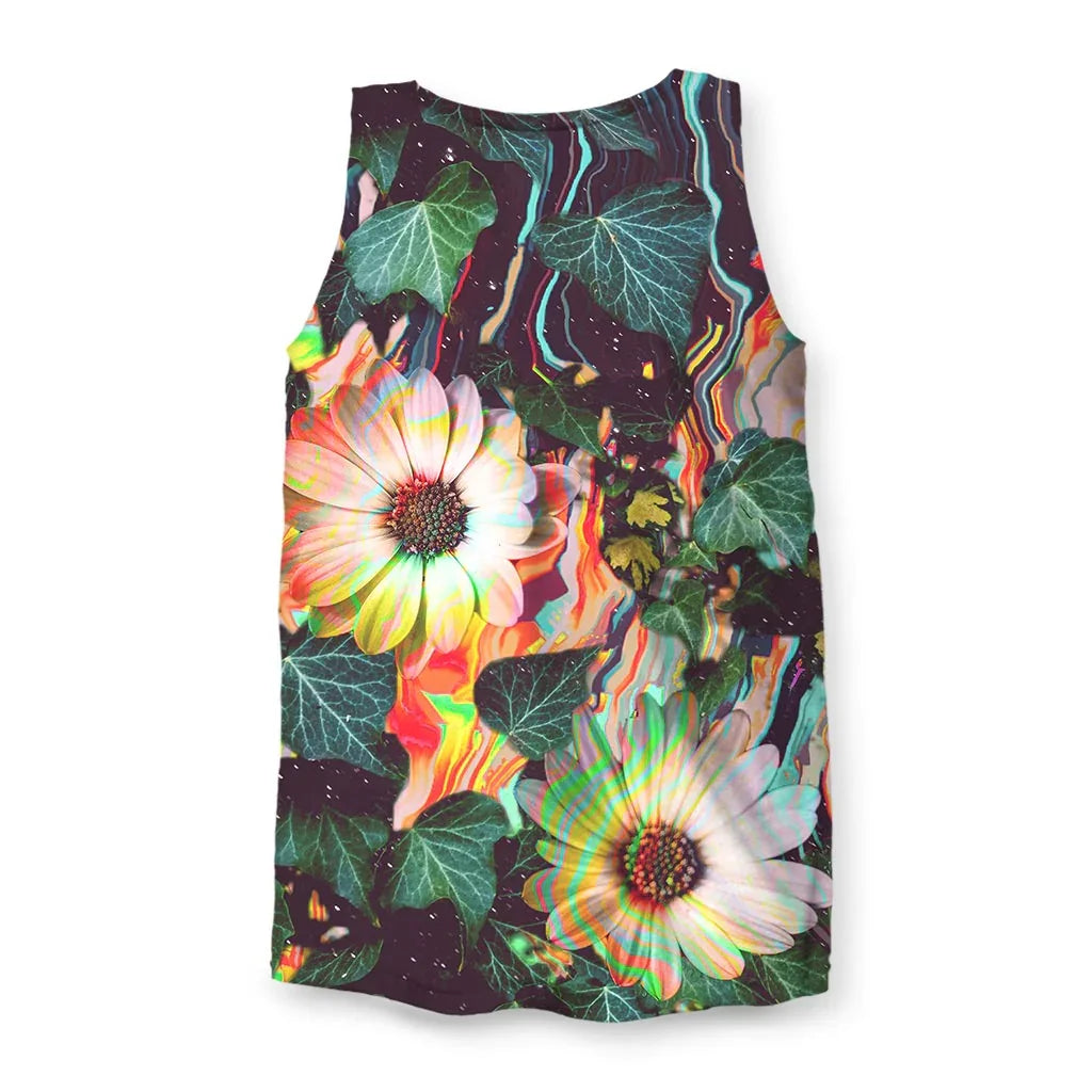 Floral Glitch Men's Tank - The vibrating chromatic aberration effect splitting the white osteospermum petals into ghosted layers of electric cyan (#00FFFF) and magenta (#FF00FF) against the void aubergine (#251829).