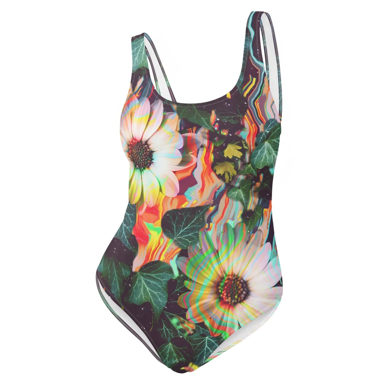 This avant-garde design fuses organic botany with digital glitch aesthetics, featuring photorealistic white daisies and deep forest green ivy entangled in trailing vines. Contact us with accessibility feedback, we'd love to help!