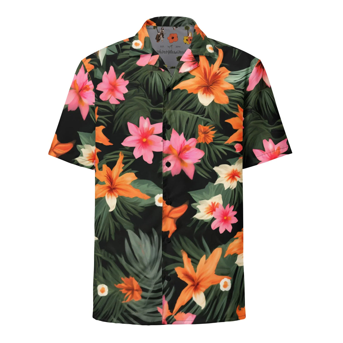 Floral Kim Hawaiian Shirt - The jarring superimposed floral texture on the distinctive pale apricot beige (#FAD6A5) Mao suit against the traditional tropical backdrop of onyx nightshade (#121212).