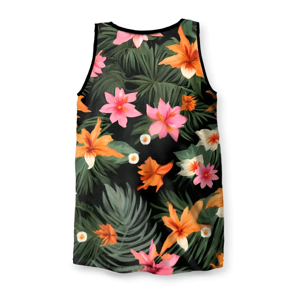 Floral Kim Men's Tank - The signature trapezoidal haircut and sandstone beige (#D2B48C) tunic juxtaposition against vibrant magenta hibiscus (#FF4893) overlays.