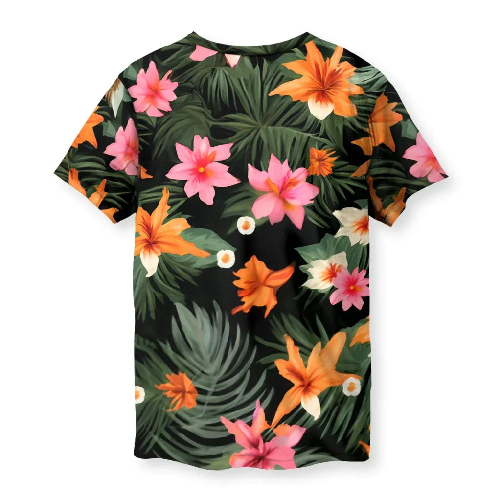 Floral Kim T-Shirt - The instantly recognizable, stoic face and high-and-tight hairstyle of Kim Jong Un, rendered in a painterly style and jarringly framed by vibrant hibiscus pink (#F77E9A) and deep forest floor green (#2A3428) tropical flowers.