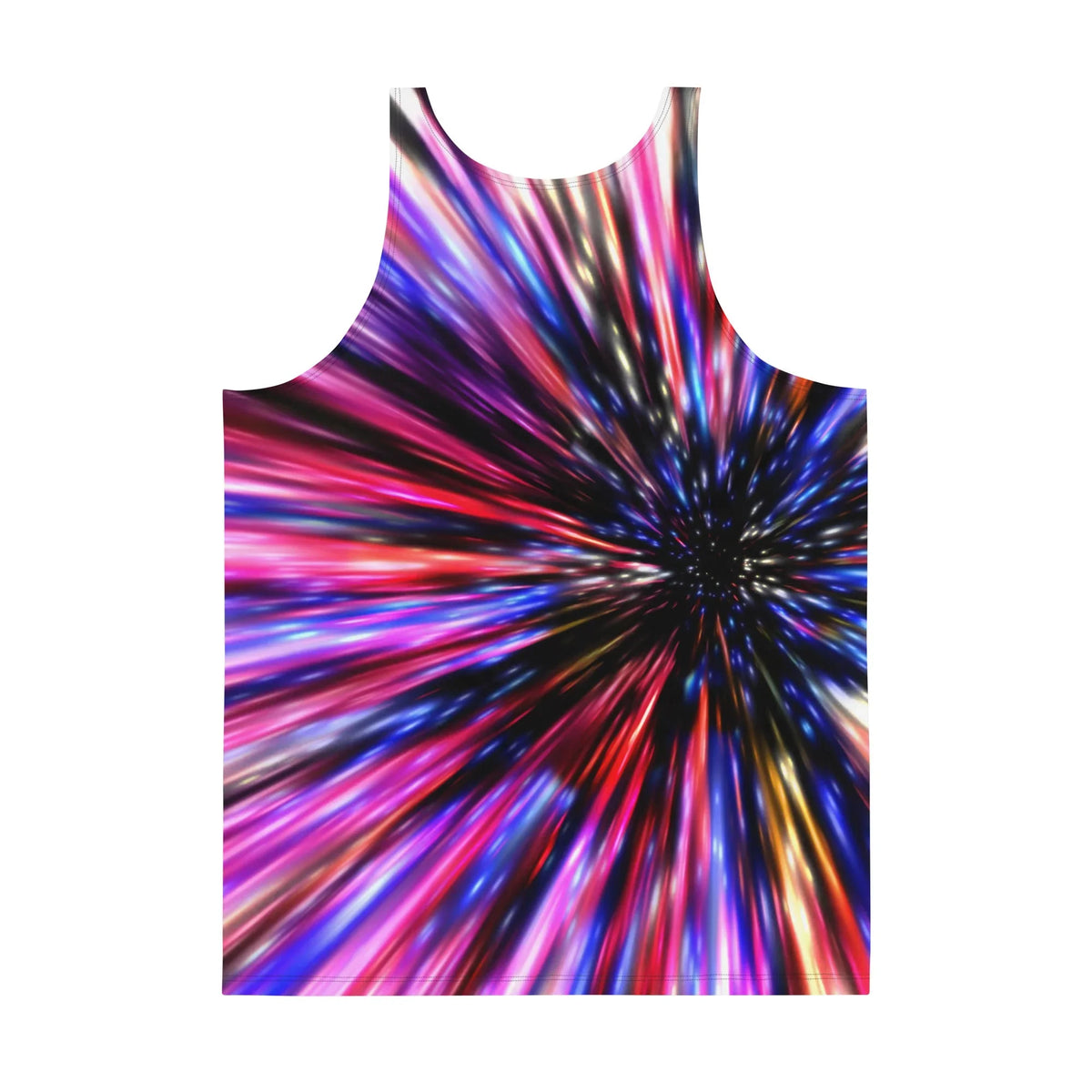 Flying Cat Lasers Men's Tank - The jarring juxtaposition of soft, domestic ginger tabby fur textures against the aggressive #FF00FF magenta warp-speed rays and electric #0F52BA sapphire blue streaks.