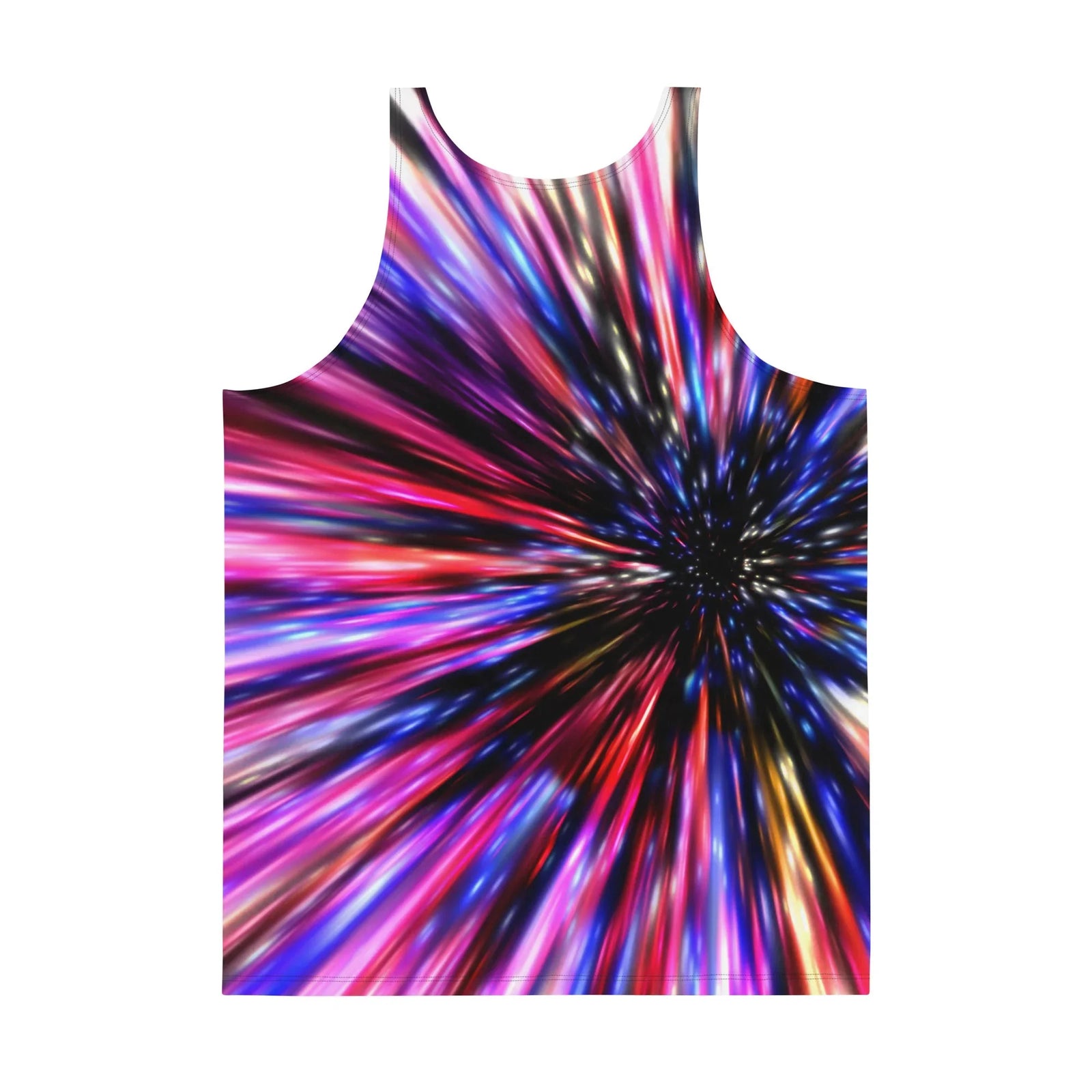 Flying Cat Lasers Men's Tank - The jarring juxtaposition of soft, domestic ginger tabby fur textures against the aggressive #FF00FF magenta warp-speed rays and electric #0F52BA sapphire blue streaks.