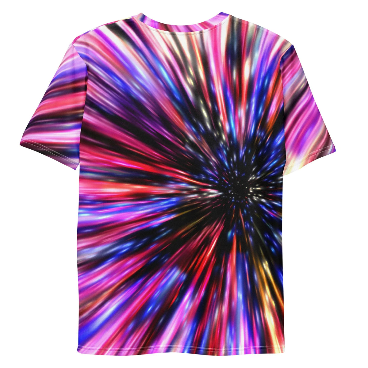 Flying Cat Lasers T-Shirt - The juxtaposition of domestic tabbies suspended in zero-gravity against the aggressive "electric magenta plasma (#FF00FF)" speed lines, alternating with beams of "hyperspace cobalt blue (#0047AB)" and anchored by "cosmic void black (#050505)".