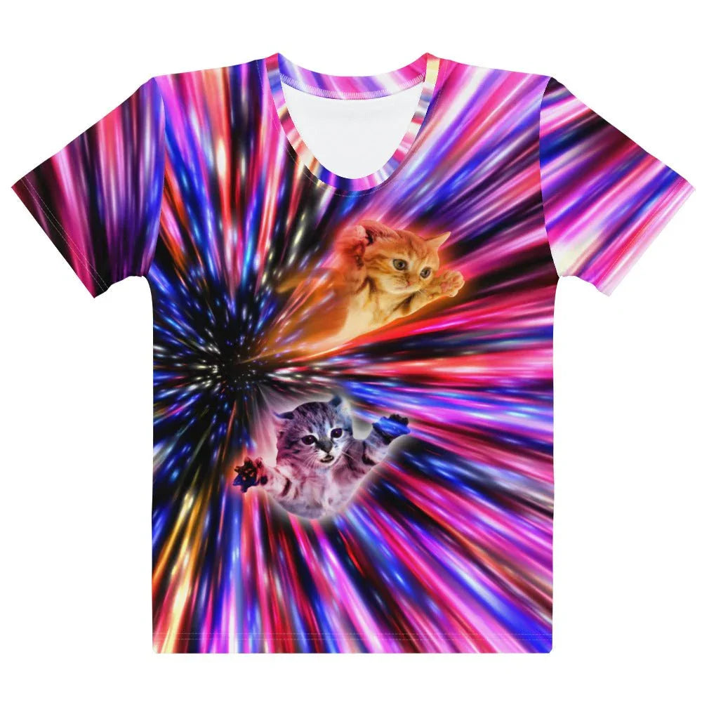 Flying Cat Lasers Women's Tee in Cosmic Neon Hyperspace. OEKO-TEX® 100, REACH Compliant, Zero-Wastewater Printing.
