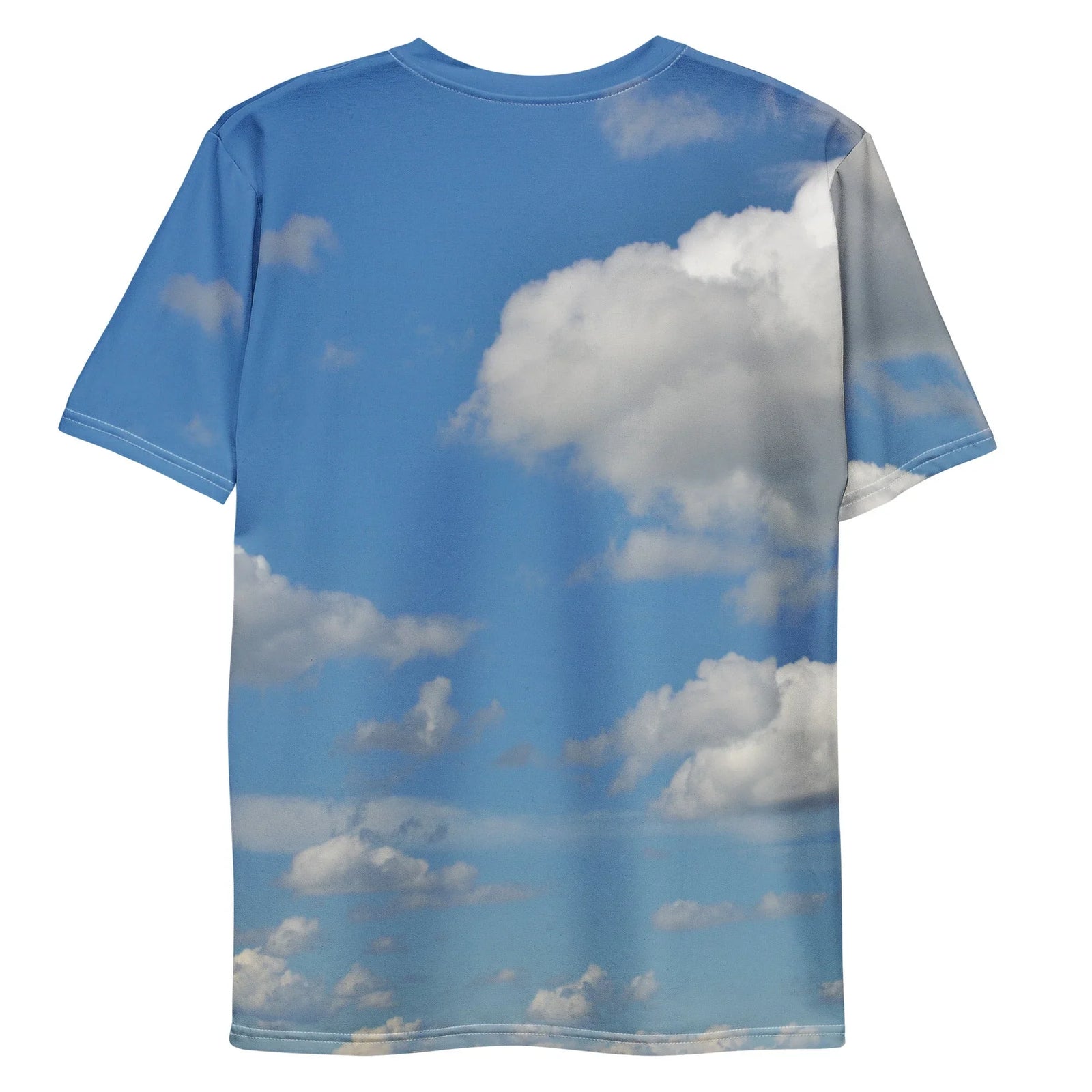 Flying Hamburger Dog T-Shirt - The stoic Chihuahua squinting against the motion-blurred **stratosphere blue (#2E86C1)** backdrop with **cumulus white clouds (#F0F8FF)** and **toasted caramel (#C68E17)** streaks, while balancing on a flotilla of processed cheeseburgers.