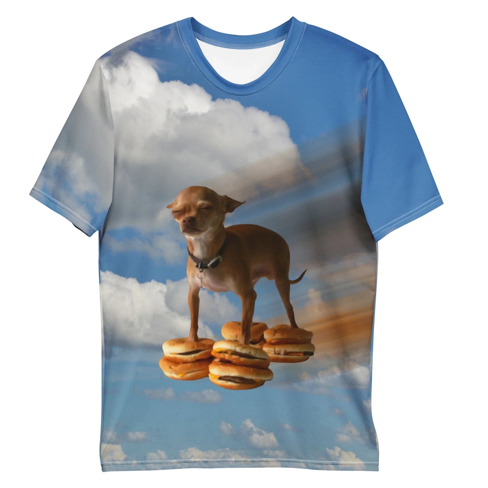 A stoic tan Chihuahua balances atop a cluster of floating cheeseburgers, squinting against the wind in this surreal photographic design. Contact us with accessibility feedback, we'd love to help!