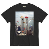 Set on an obsidian black base, a centralized rectangular graphic presents a surreal, satirical collage superimposed over a grainy, photorealistic aerial skyline. Contact us with accessibility feedback, we'd love to help!