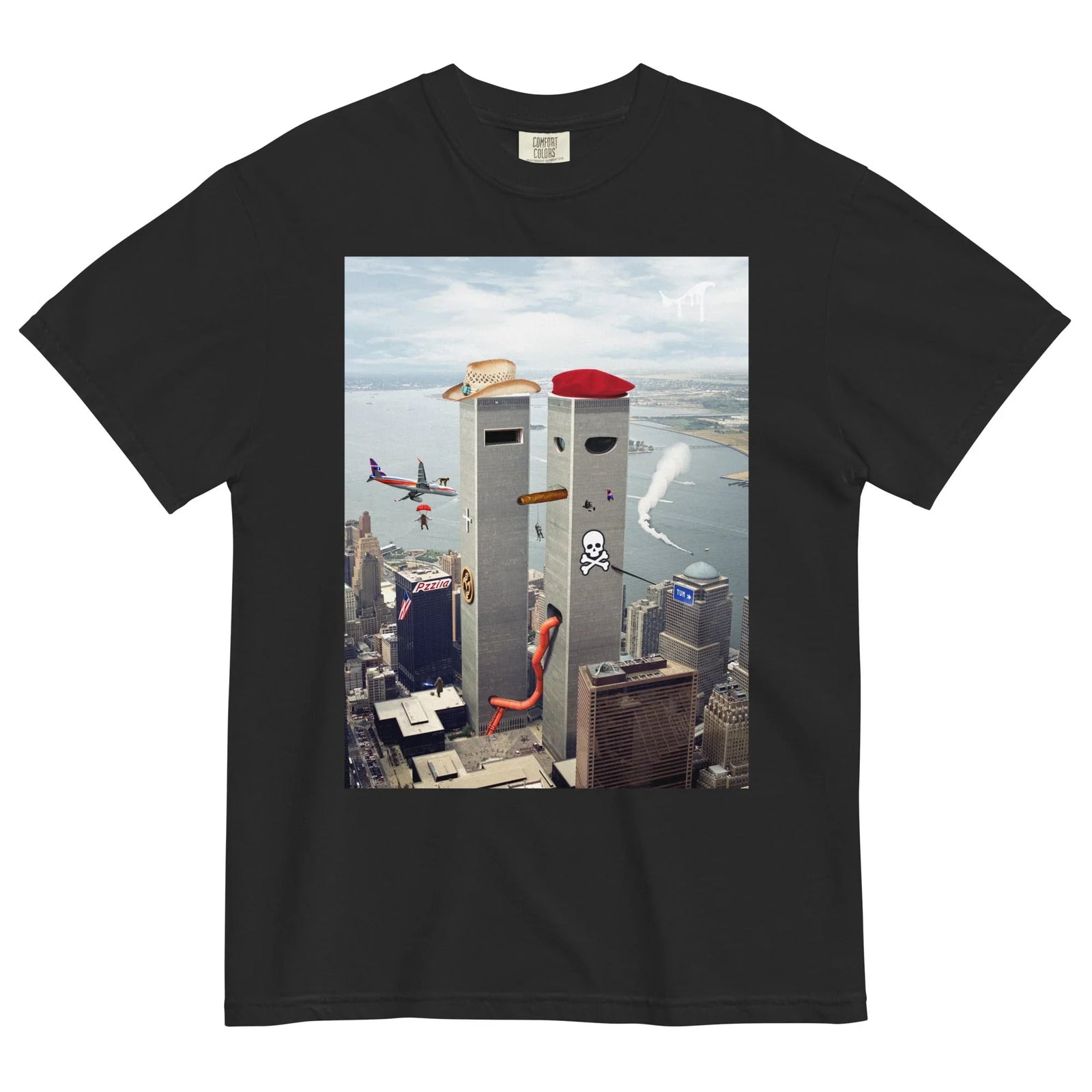 Set on an obsidian black base, a centralized rectangular graphic presents a surreal, satirical collage superimposed over a grainy, photorealistic aerial skyline. Contact us with accessibility feedback, we'd love to help!