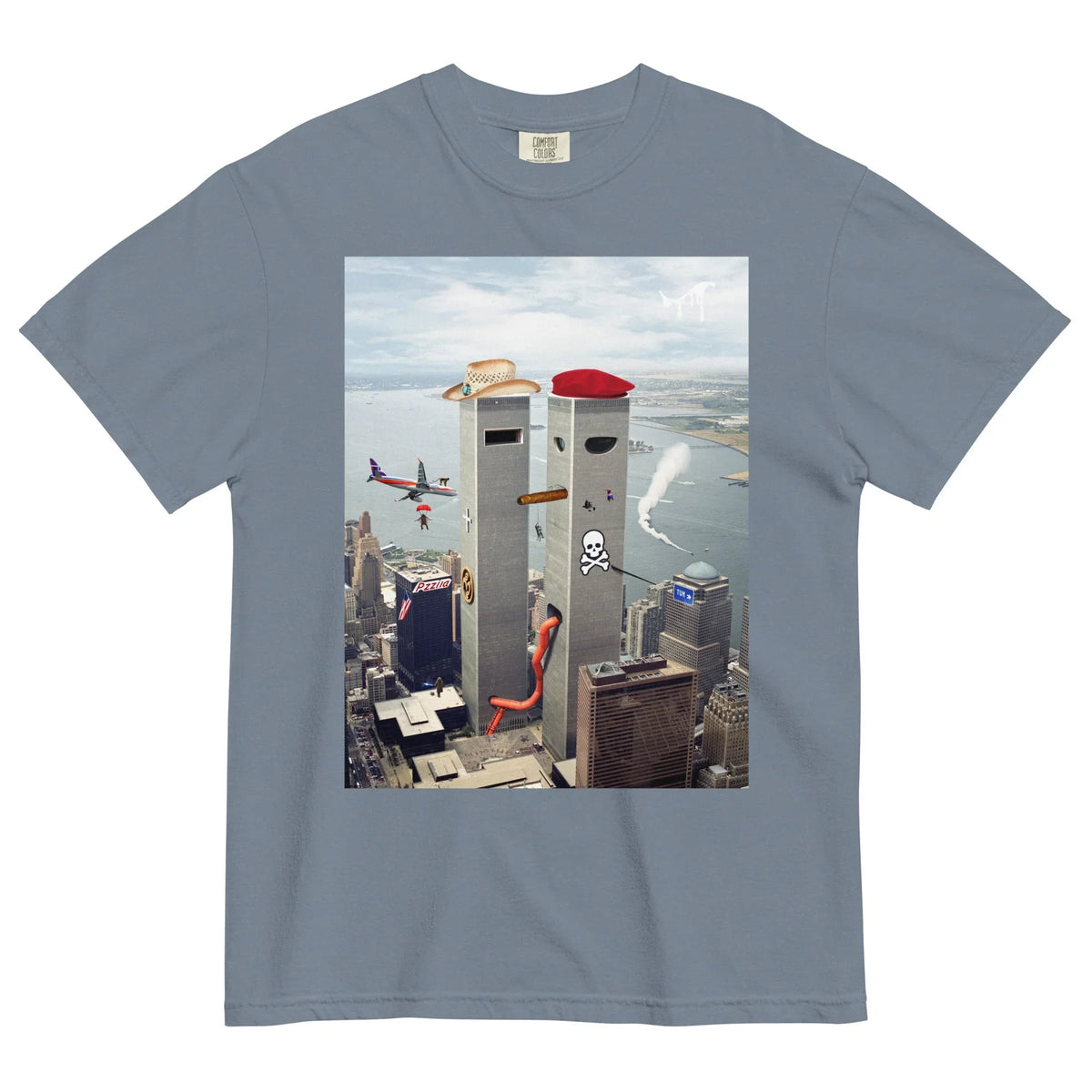 Funhouse 911 T-Shirt in Surrealist Noir Skyline. OEKO-TEX® 100, WRAP Certified, US Cotton Trust Protocol.