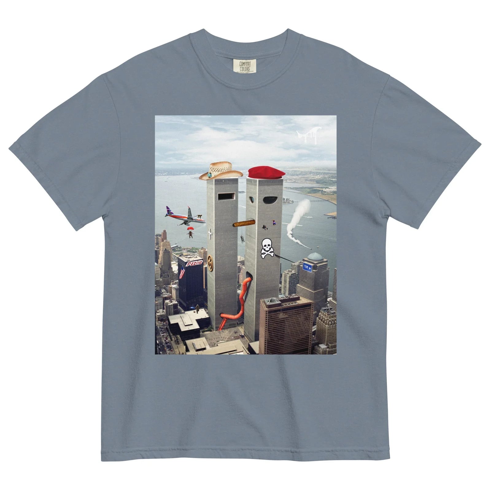 Funhouse 911 T-Shirt in Surrealist Noir Skyline. OEKO-TEX® 100, WRAP Certified, US Cotton Trust Protocol.