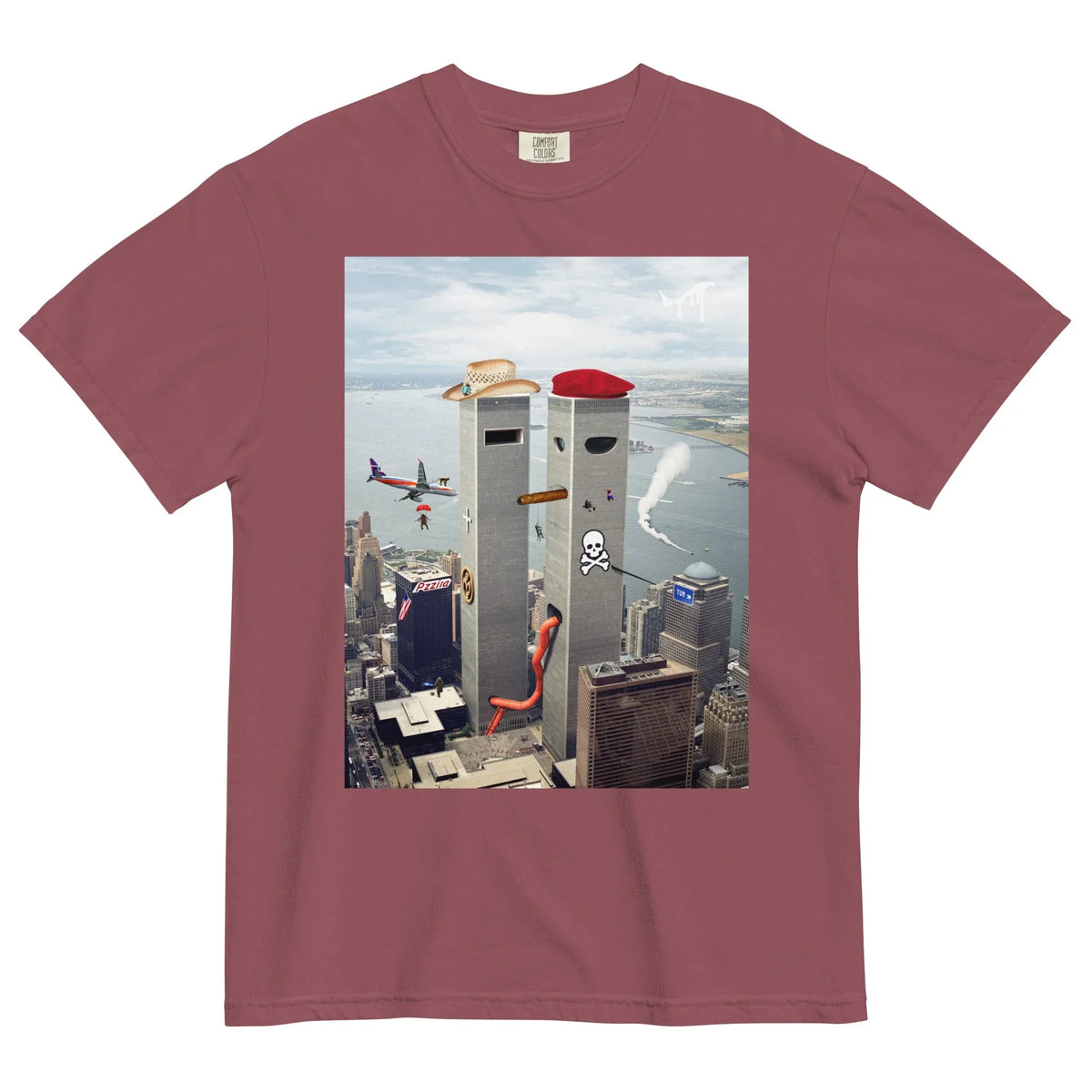 Funhouse 911 T-Shirt - The anthropomorphized grey monoliths wearing a beige (#D2B48C) western hat and crimson (#DC143C) beret superimposed over the recognizable skyline, with chaotic elements like a safety orange (#FF4500) slide and approaching aircraft evoking surreal, meme-inspired absurdity