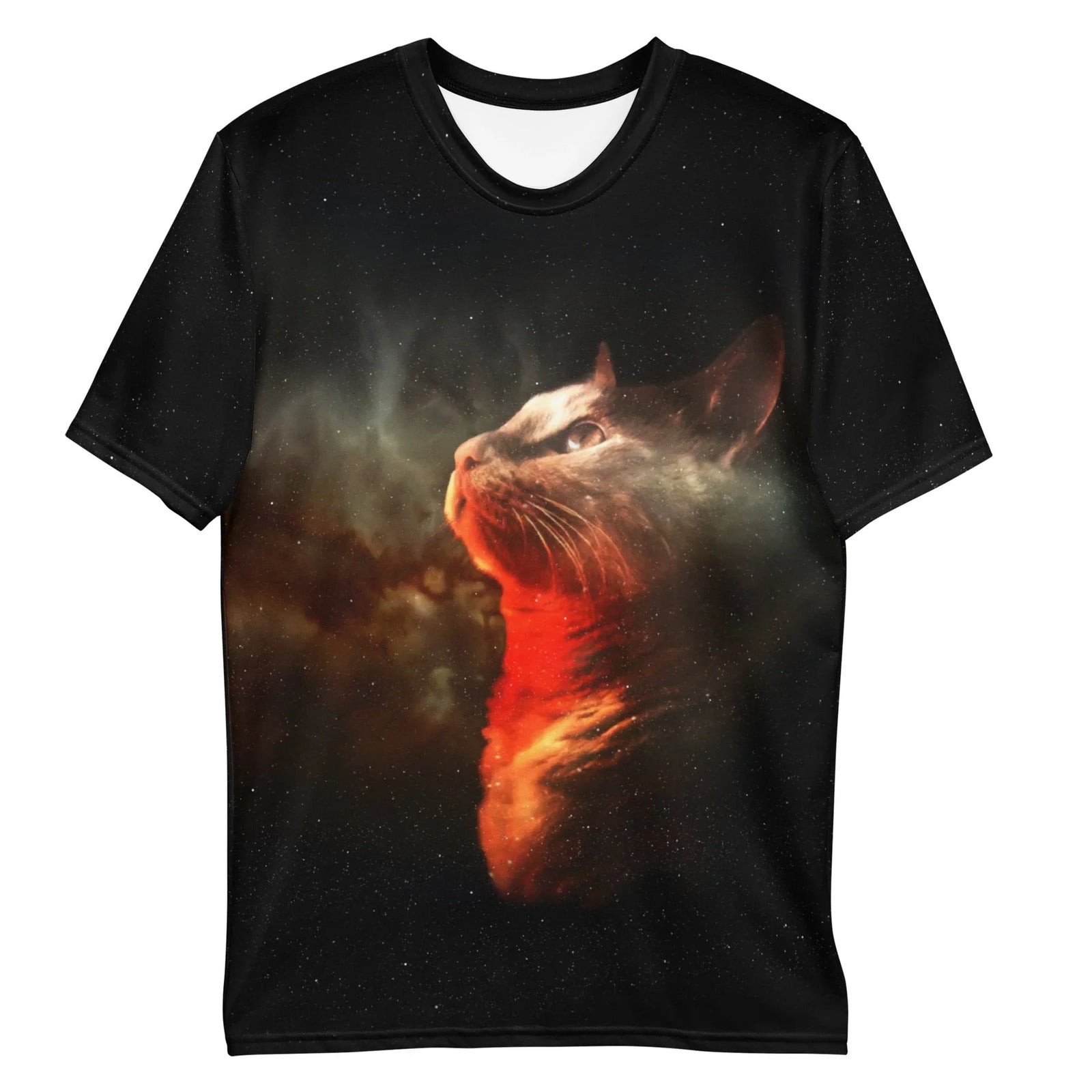 A surreal, high-contrast feline profile gazes upward from deep obsidian void black, its body forged from swirling interstellar nebulas and cosmic dust. Contact us with accessibility feedback, we'd love to help!