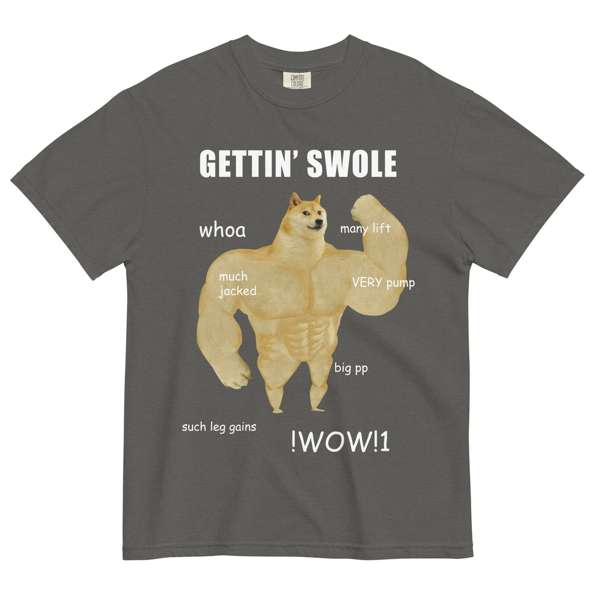 Gettin Swole Doge T-Shirt in Onyx Meme Gold. OEKO-TEX® 100, WRAP Certified, US Cotton Trust Protocol.