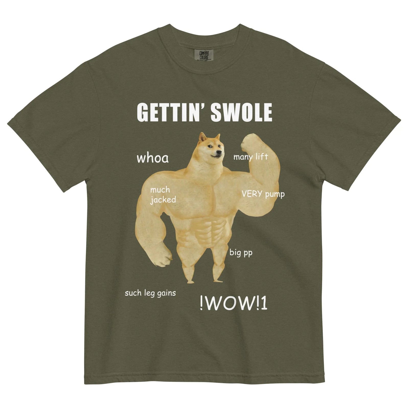 Gettin Swole Doge T-Shirt - The jarring juxtaposition of a Golden Tan (#E4C48E) hyper-defined human torso with the benign expression of a Shiba Inu on a Faded Onyx (#2B2B2B) base, flanked by floating Optic White (#FFFFFF) grammatical fragments.