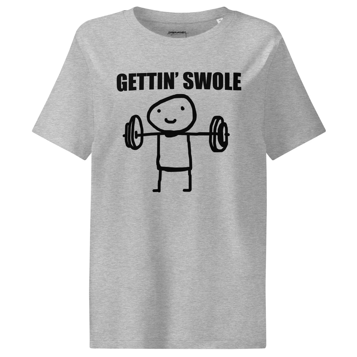 Gettin Swole Women's Tee in Heathered Mist Monochrome. GOTS Certified, OCS Certified, Eco-Certified Inks.