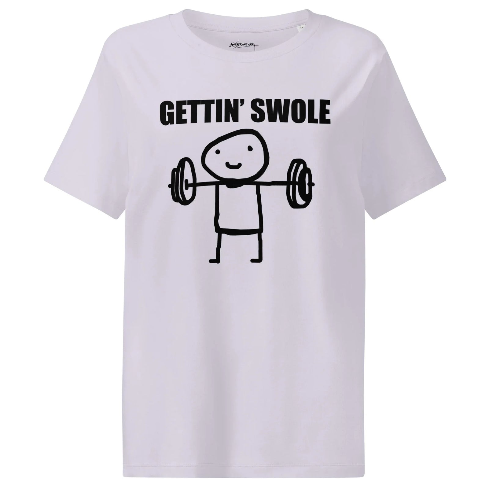 Gettin Swole Women's Tee - The juxtaposition of the rudimentary stick figure executed in deep obsidian black (#000000) against the intense body-building terminology, set on an ash white heather base (#F2F2F2) with subtle smoke grey undertones (#C0C0C0) for high-contrast, meme-like visual irony.
